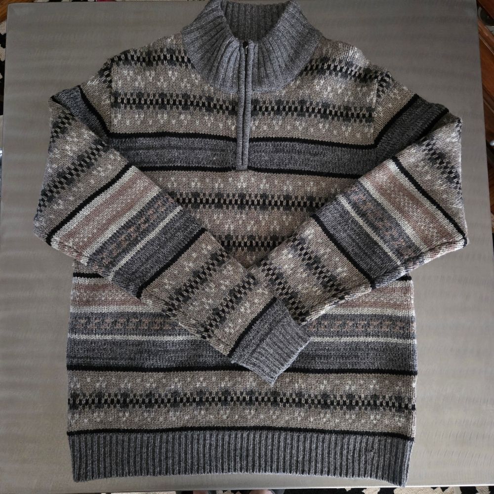 Sundance 100% Lambswool Knit 1/4 Zip Fair Isle Alpine Sweater Gray Tan Black L